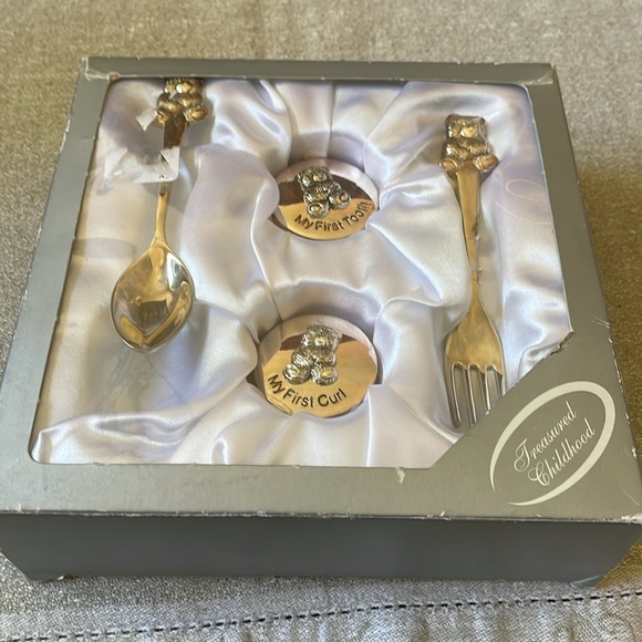 VTG boxed silver plate 4 pc baby gift set Teddy Bear Roth & curl box Spoon Fork - Picture 8 of 10